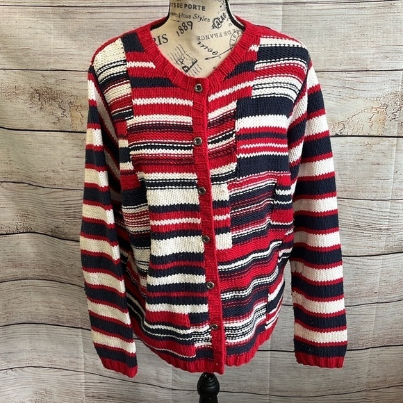 Mark Fore Strike Hand Knit Cardigan Sweater Americana Stripes Cotton Blend XL - Picture 1 of 9